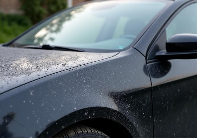 A black sedan covered in dust.