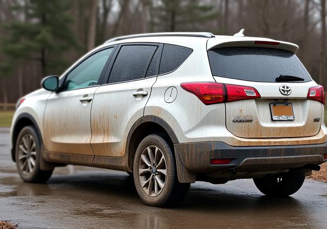 A dirty white SUV before washing.