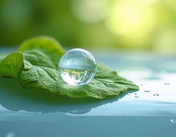 Clear soap bubbles over a green leaf, symbolizing biodegradable soap.