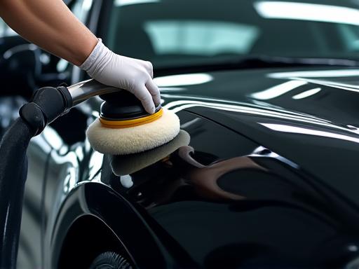 A technician carefully polishing a black car.