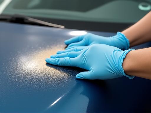 A gloved hand applying a special volcanic mineral coating to a car hood.